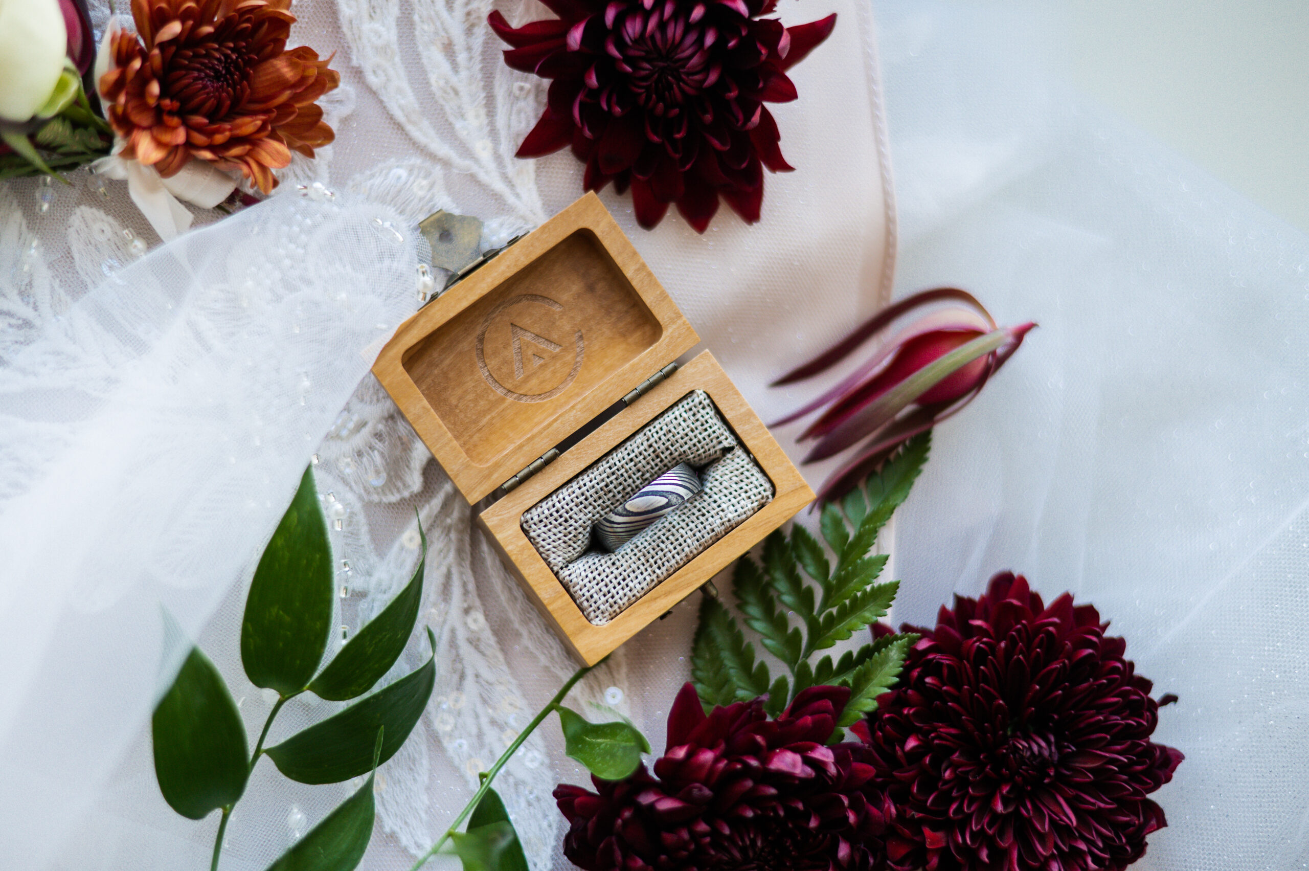 wedding rings surrounded by florals